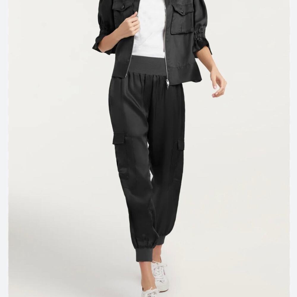 Cinq a Sept Giles Pants Sz L Satin Cargo Jogger Black Minimalist Quiet Luxury